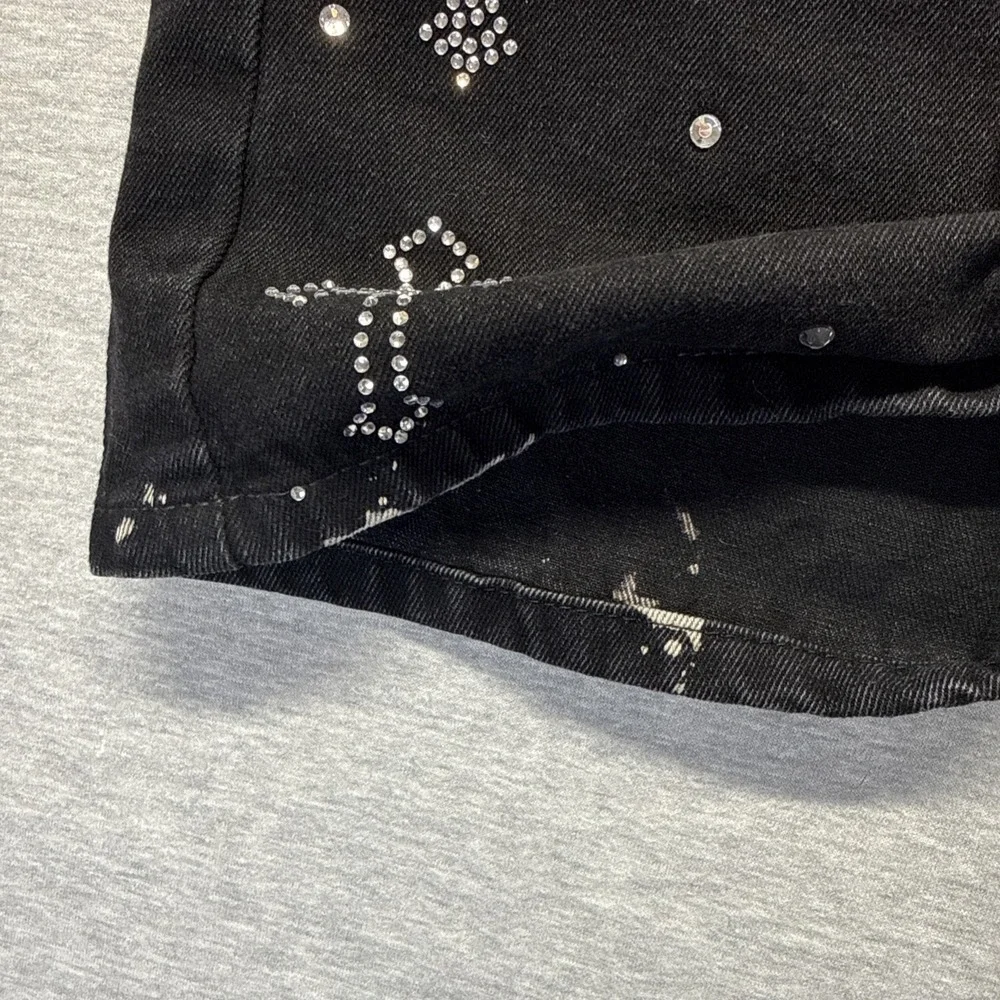 Mens Shorts 28 Black Dark Wash Denim Embellished Rhinestone Cross Cotton Casual